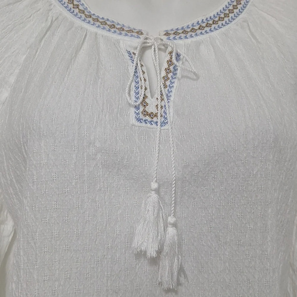 Ruby Rd Bohemian Embroidered Tassel Tie Balloon Sleeve Peasant Boho Hippie Top M - Picture 3 of 13
